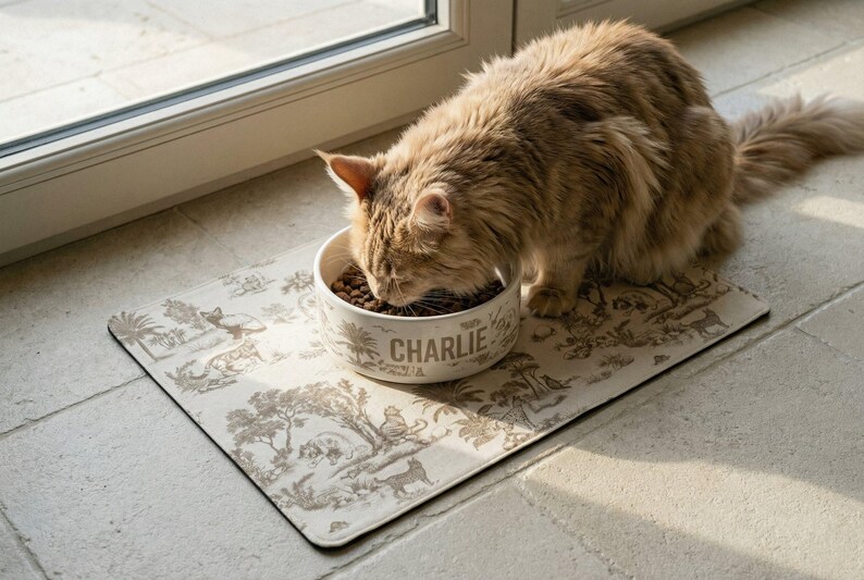 A fluffy orange cat is sitting on a mat and eating food from a bowl.