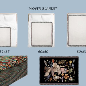 May include: Three woven blankets in different sizes: 52x37 inches, 60x50 inches, and 80x60 inches. The blankets are white with a gray fringe border. A fourth blanket with a black background and colorful woven design is shown in the bottom right corner.