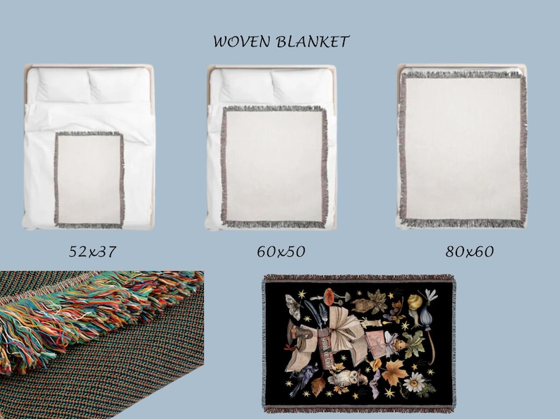 May include: Three woven blankets in different sizes: 52x37 inches, 60x50 inches, and 80x60 inches. The blankets are white with a gray fringe border. A fourth blanket with a black background and colorful woven design is shown in the bottom right corner.