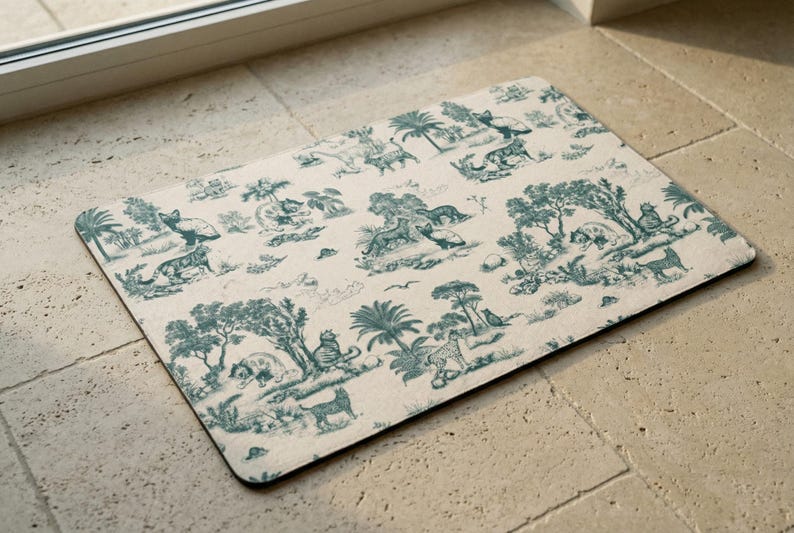 a decorative mat with a repeating pattern of various animals and natural elements, such as palm trees, birds, and other wildlife, all set against a light background.