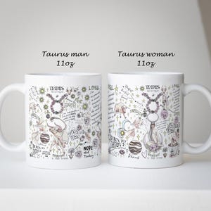 Puede incluir: Dos tazas de cer&aacute;mica blancas de 11 oz con ilustraciones del signo zodiacal Tauro. Una taza est&aacute; etiquetada como "Taurus man" y la otra como "Taurus woman". Cada taza presenta un dise&ntilde;o detallado con el s&iacute;mbolo de Tauro, detalles florales y texto escrito a mano.
