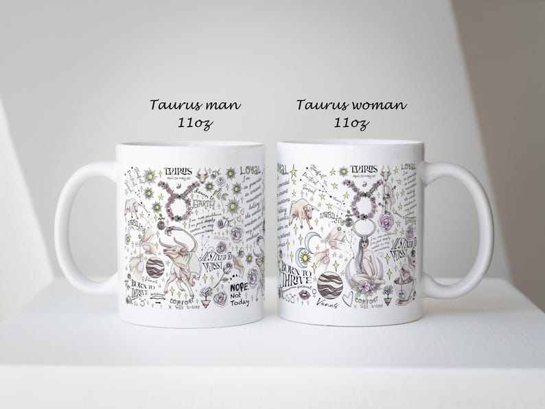 Puede incluir: Dos tazas de cer&aacute;mica blancas de 11 oz con ilustraciones del signo zodiacal Tauro. Una taza est&aacute; etiquetada como "Taurus man" y la otra como "Taurus woman". Cada taza presenta un dise&ntilde;o detallado con el s&iacute;mbolo de Tauro, detalles florales y texto escrito a mano.
