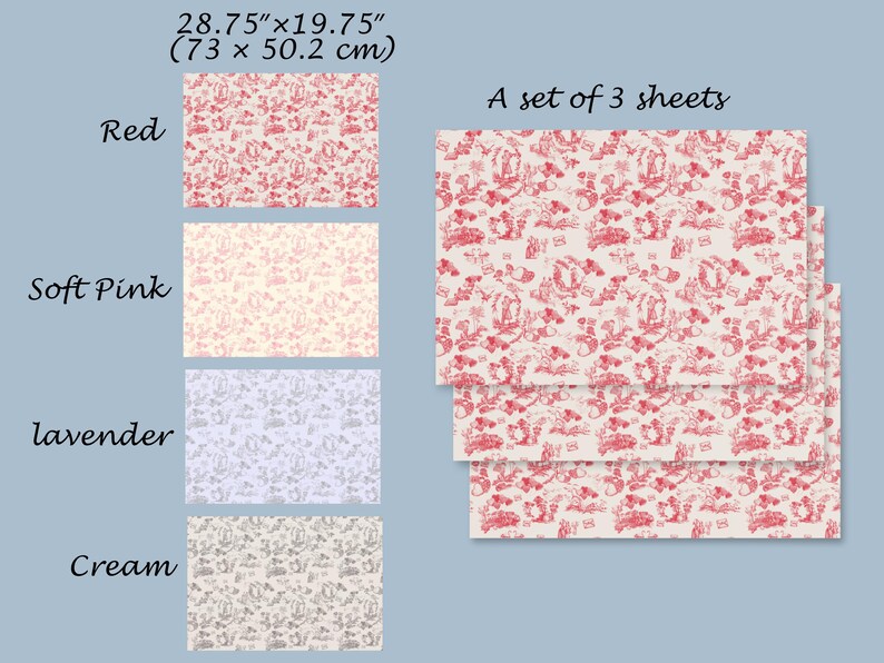 Pu&ograve; includere: Un set di tre fogli di carta decorativa da 73 cm x 50,2 cm con un motivo floreale ripetitivo. I fogli sono disponibili in rosso, rosa tenue, lavanda e crema.