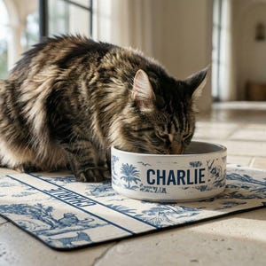 A tabby cat is sitting on a blue and white mat, eating from a white bowl with the name "Charlie" printed on it.