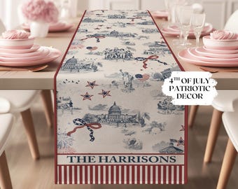 Patriotic Table Runner Personalized Americana Party Decor Vintage Red White Blue Toile Farmhouse Decor Fall Dining Custom Tablecloth Gift