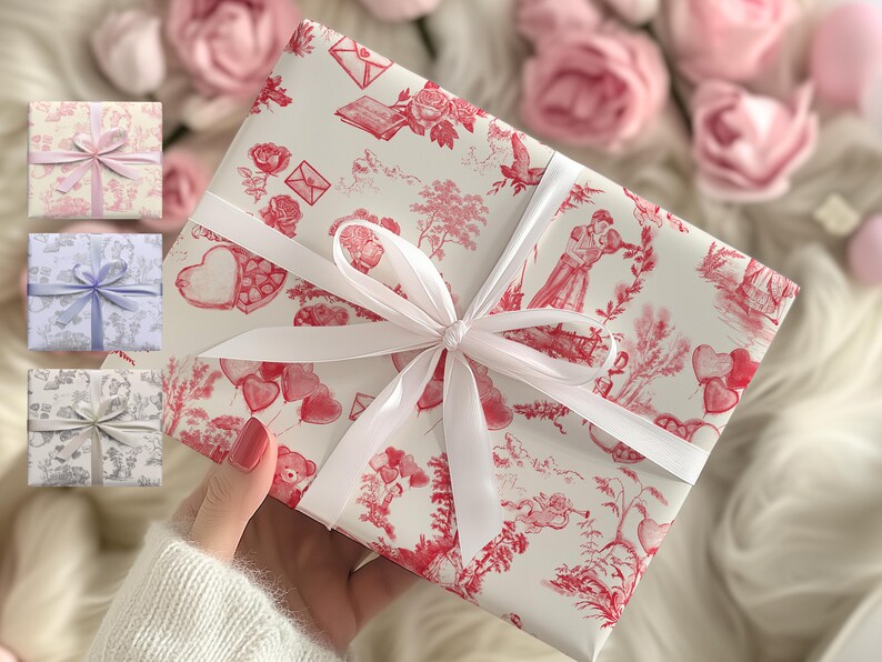 Pu&ograve; includere: Una scatola regalo bianca con un design a fantasia rosso e bianco. La scatola &egrave; legata con un nastro bianco e un fiocco. Il motivo presenta cuori, fiori e altri motivi romantici.