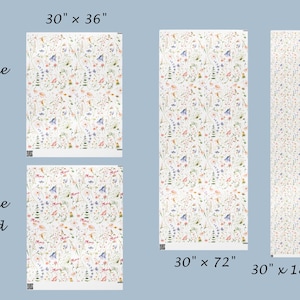 May include: A floral pattern wallpaper with a white background and pink, blue, and green flowers. The wallpaper is available in three sizes: 30 inches by 36 inches, 30 inches by 72 inches, and 30 inches by 180 inches.