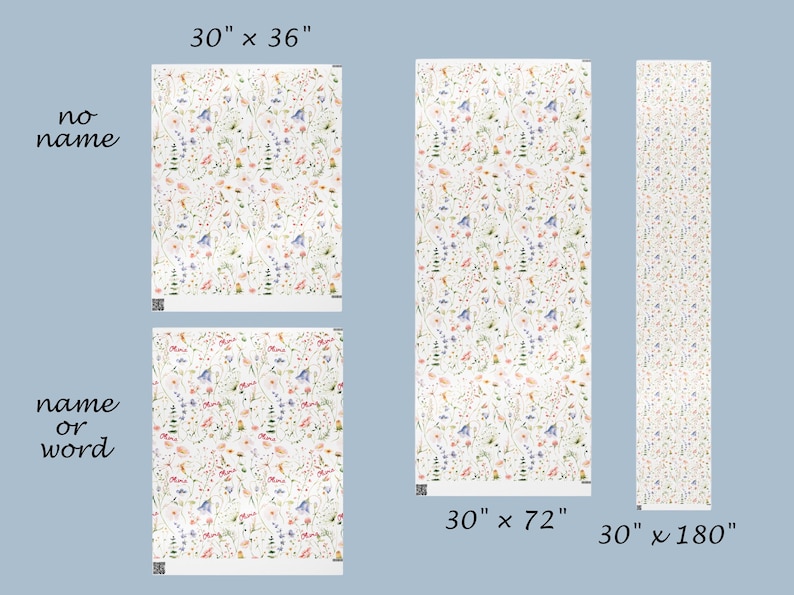 May include: A floral pattern wallpaper with a white background and pink, blue, and green flowers. The wallpaper is available in three sizes: 30 inches by 36 inches, 30 inches by 72 inches, and 30 inches by 180 inches.