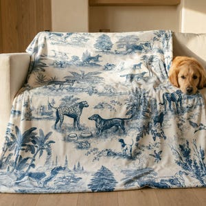 A golden retriever dog is resting on a couch, with a blue and white patterned blanket draped over the armrest.
