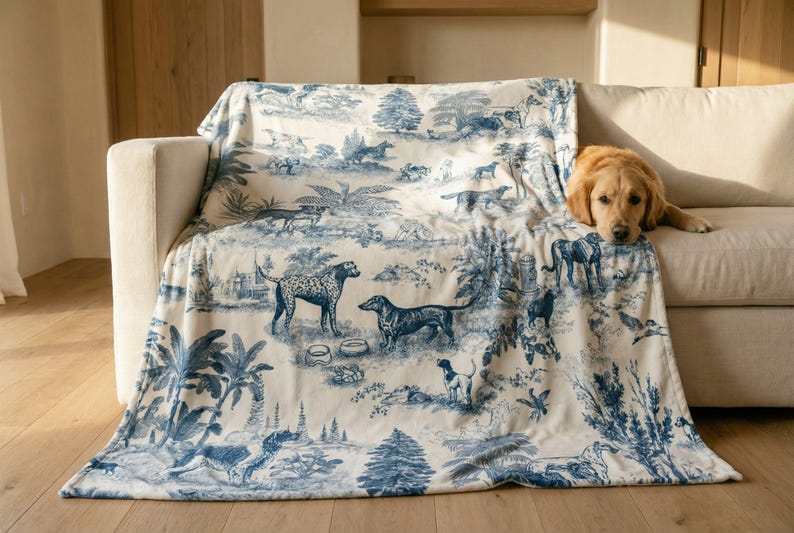 A golden retriever dog is resting on a couch, with a blue and white patterned blanket draped over the armrest.