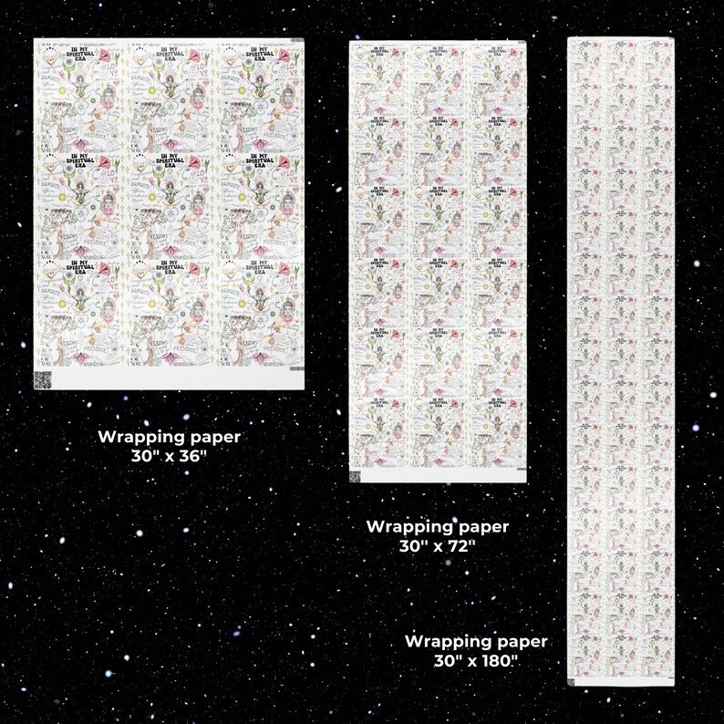May include: Three different sizes of wrapping paper featuring a white background with a repeating pattern of black and colored illustrations and text that says "In My Spiritual Era". The wrapping paper is available in 30 inches by 36 inches, 30 inches by 72 inches, and 30 inches by 180 inches.
