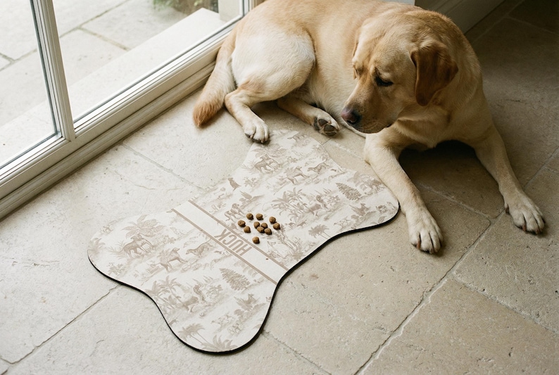 A golden retriever dog is lying on a tiled floor next to a bone-shaped dog food dish with animal illustrations.