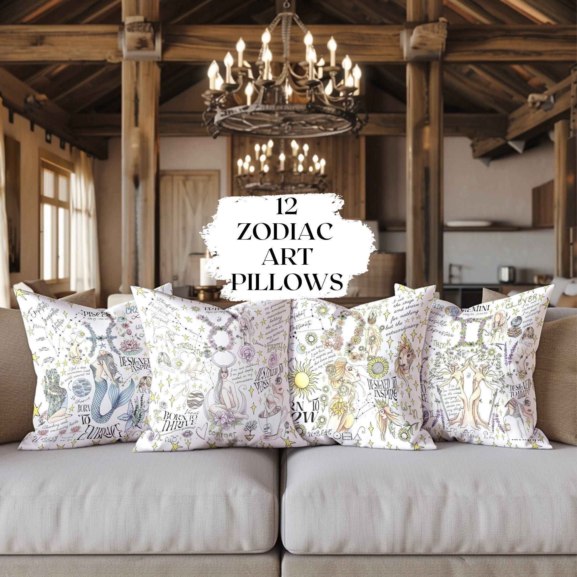 Zodiac Throw Pillow Taurus Gemini Astrology Cushion Whimsical Birth Flower Celestial Home Decor Mothers Day Birthday Affirmation Gift Women