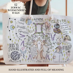 Weekender Bag Personalized Zodiac Tote Astrology Art Overnight Bag Women Bride Beach Bachelorette Bag Gift Bridesmaid Gift Birthday Gemini