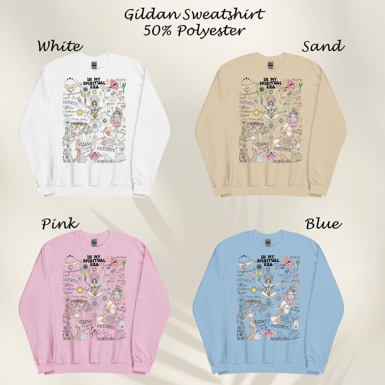 Puede incluir: Cuatro sudaderas Gildan en diferentes colores: blanco, arena, rosa y azul. Cada sudadera presenta un dise&ntilde;o gr&aacute;fico con el texto "In My Spiritual Era" y varias otras palabras y s&iacute;mbolos.
