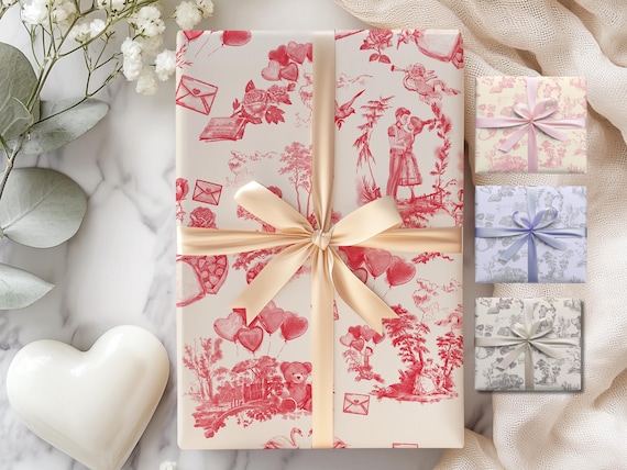 Red Anniversary Toile Wrapping Paper Love Love Gift Wrap Wrapping Sheet Preppy Anniversary Gift Luxury Aesthetic Gift Wrapping