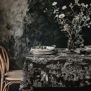 Black Gothic Tablecloth Skeleton Decor Goth Toile Witchy Table Runner Rectangle Square Linen Spooky Wedding Decoration Creepy Kitchen