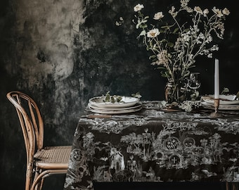 Black Gothic Tablecloth Skeleton Decor Goth Toile Witchy Table Runner Rectangle Square Linen Spooky Horror Wedding Decoration Creepy Kitchen