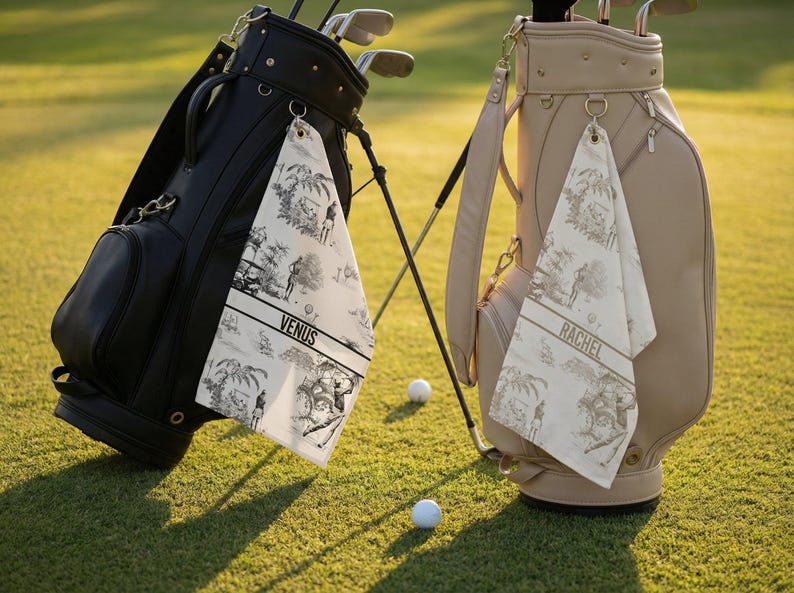 May include: Two golf bags, one black and one beige, stand on a green golf course. Each bag has a golf towel hanging from it. The towels have a black and white toile pattern and the names "VENUS" and "RACHEL" printed on them.