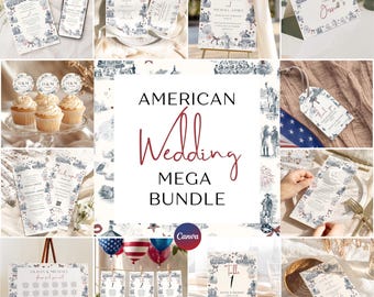 American Invitation Canva Bundle Wedding Template Patriotic Editable Chart Seating Table Sign Independence Day 4th July Party Printable Tag