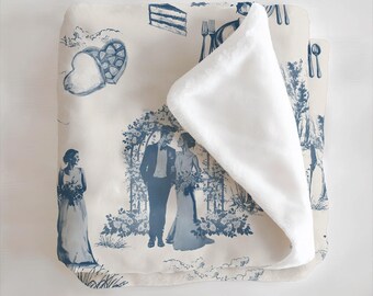 Wedding Toile Blanket Bridal Shower Gift Basket Stuffer Personalized Throw Blanket Blue Blanket for Bride Groom Gift Newly Married Decor