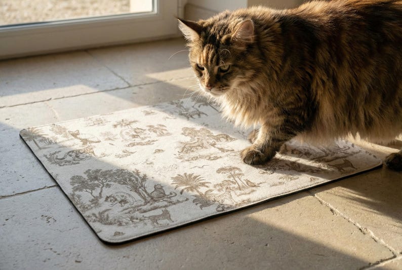 A fluffy cat with a striped coat is walking on a patterned rug in a room with a window.