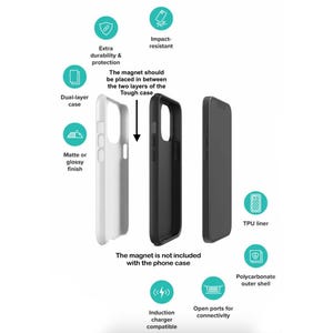 May include: A black phone case with a white inner layer. The case is made of a durable, impact-resistant material. It has a matte or glossy finish and is compatible with wireless charging. The case is shown disassembled to reveal its layers: a polycarbonate outer shell, a TPU liner, and a dual-layer case. The text "The magnet is not included with the phone case" is also shown.