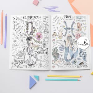 Może przedstawiać: Otwarta książka z czarno-białymi ilustracjami znak&oacute;w zodiaku, w tym Koziorożca i Ryb. Ilustracje są szczeg&oacute;łowe i zawierają r&oacute;żne symbole i słowa związane z każdym znakiem. Książka jest otwarta na strony Koziorożca i Ryb.
