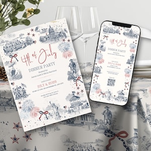 May include: An invitation and a smartphone display a "4th of July Dinner Party" design. The design features red, white, and blue illustrations of fireworks, historical figures, and landmarks. The invitation is on a table with a matching tablecloth.
