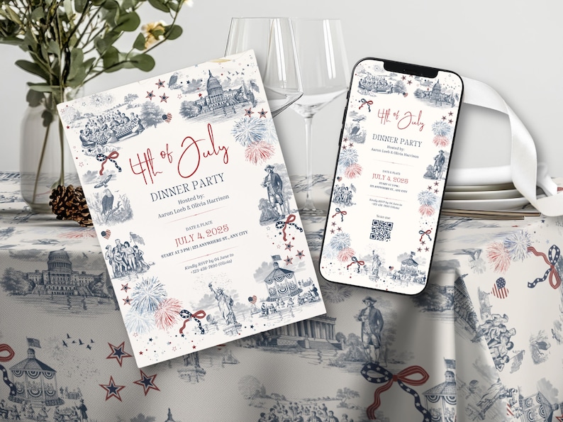 May include: An invitation and a smartphone display a "4th of July Dinner Party" design. The design features red, white, and blue illustrations of fireworks, historical figures, and landmarks. The invitation is on a table with a matching tablecloth.