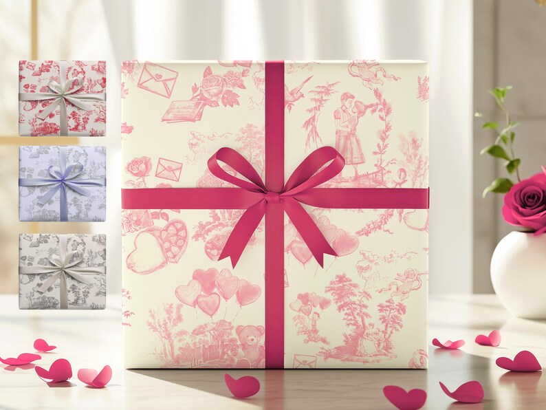 Pu&ograve; includere: Una scatola regalo bianca con un motivo floreale rosa e bianco &egrave; avvolta da un nastro rosa acceso. La scatola &egrave; appoggiata su un tavolo con cuori rosa sparsi intorno.