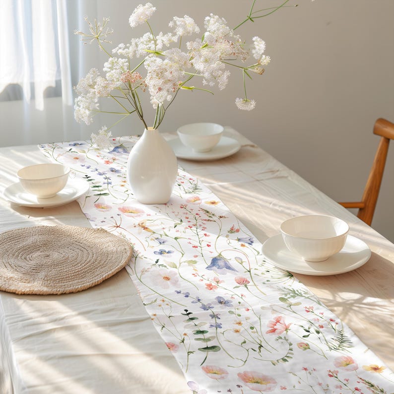 Pu&ograve; includere: Runner da tavolo floreale bianco con un design ad acquerello di fiori di campo, tra cui fiori rosa, blu e viola. Il runner &egrave; su una tovaglia chiara, con ciotole bianche e un vaso di fiori bianchi.