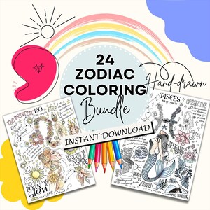 24 Zodiac Adult Coloring Pages Printable Horoscope Coloring Book Birthday Party Leo Gift Digital Download Wall Art Therapy Relaxation Gift