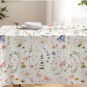 Tovaglia con fiori di campo, delicata, stoviglie primaverili, decorazione con fiori pressati, tovaglia floreale bianca, regalo per gli amanti del giardino delle erbe aromatiche, regalo per la festa della mamma, nonna