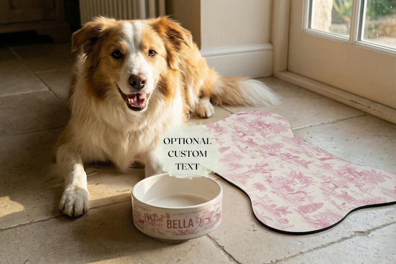A happy brown and white dog sitting on a tiled floor next to a white bowl labeled "Bella" and a pink dog bed with a floral pattern.