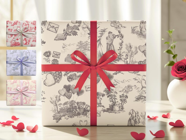 Pu&ograve; includere: Una scatola regalo bianca con un motivo bianco e nero di cuori, fiori e uccelli. La scatola &egrave; legata con un nastro rosso e un fiocco.