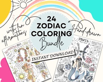 24 Zodiac Coloring Pages Bundle Printable Astrology Coloring Book Birthday Party Activity Digital Download Wall Art Therapy Gift Adult Teen
