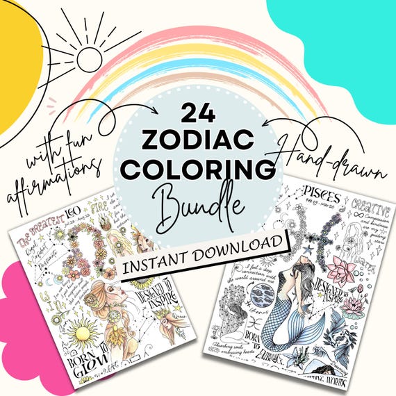24 Zodiac Coloring Pages Bundle Printable Astrology Coloring Book Birthday Party Activity Digital Download Wall Art Therapy Gift Adult Teen