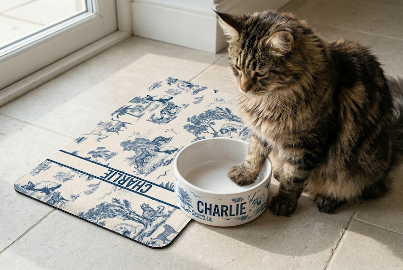 A tabby cat is sitting on a tiled floor next to a white bowl with the name "Charlie" printed on it.
