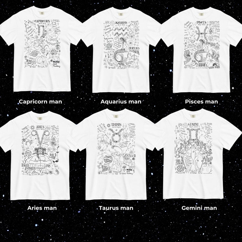 Peut inclure: Six t-shirts blancs avec des motifs graphiques noirs repr&eacute;sentant les signes du zodiaque : Capricorne, Verseau, Poissons, B&eacute;lier, Taureau et G&eacute;meaux. Chaque t-shirt pr&eacute;sente des illustrations et du texte d&eacute;taill&eacute;s. Le texte "MORE Today" est visible sur certains.