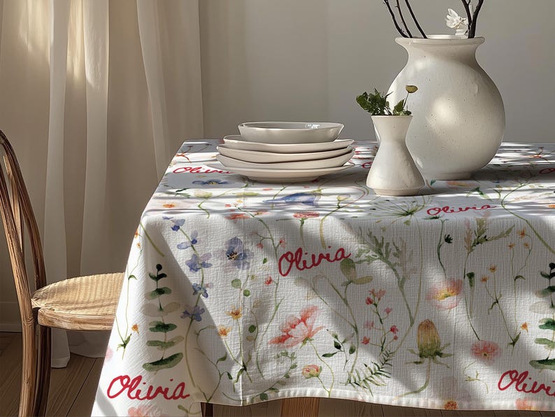 Decorazioni per matrimoni con fiori selvatici, runner da tavola per la sposa, lino da pranzo con fiori pressati, tovaglia floreale bianca, decorazioni per feste a tema giardino di erbe aromatiche. immagine 9