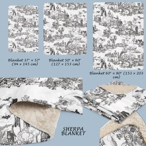 May include: A white sherpa blanket with a black and white print of spooky Halloween imagery. The blanket is available in three sizes: 37" x 57", 50" x 60", and 60" x 80".