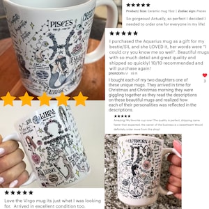 Puede incluir: Taza de cer&aacute;mica blanca con ilustraciones del zod&iacute;aco y el s&iacute;mbolo de Piscis. La taza tiene un asa y est&aacute; decorada con dibujos detallados y texto relacionado con la astrolog&iacute;a. La taza es de 443 ml.