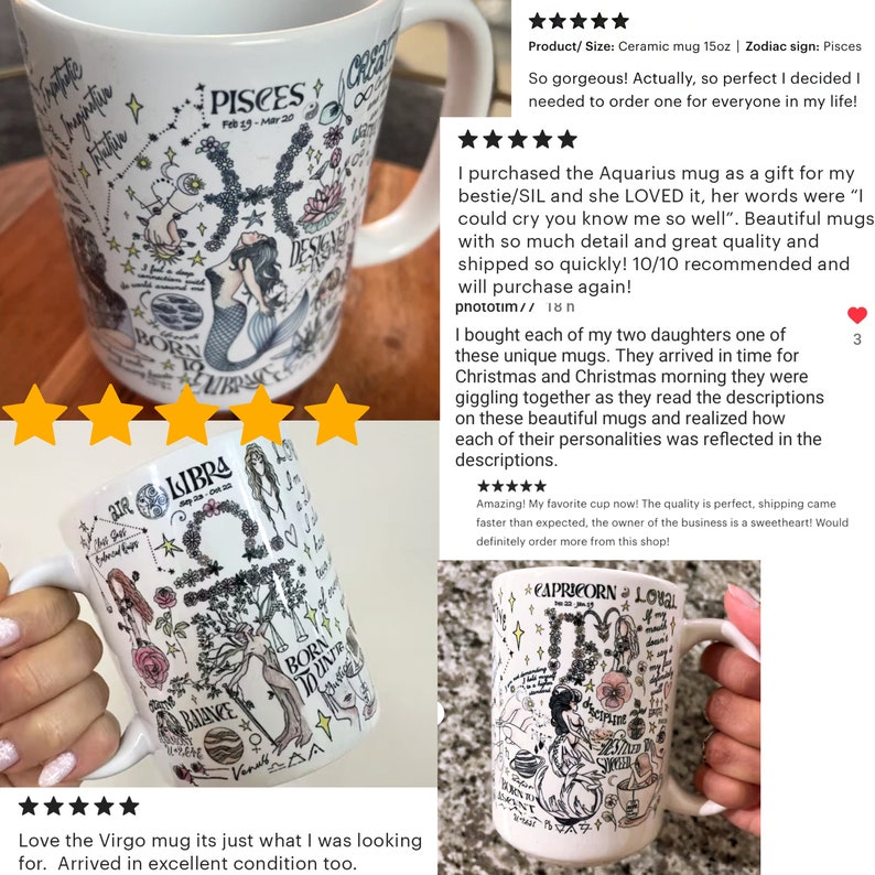Puede incluir: Taza de cer&aacute;mica blanca con ilustraciones del zod&iacute;aco y el s&iacute;mbolo de Piscis. La taza tiene un asa y est&aacute; decorada con dibujos detallados y texto relacionado con la astrolog&iacute;a. La taza es de 443 ml.