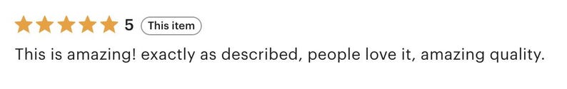 May include: A graphic showing five gold stars, a number 5, and the words "This item." Below, the text reads: "This is amazing! exactly as described, people love it, amazing quality."