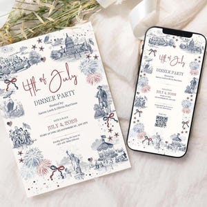 May include: An invitation and a smartphone display a "4th of July Dinner Party" design. The design features illustrations of historical figures, fireworks, and landmarks in blue and red on a cream background. The date and time are also displayed.