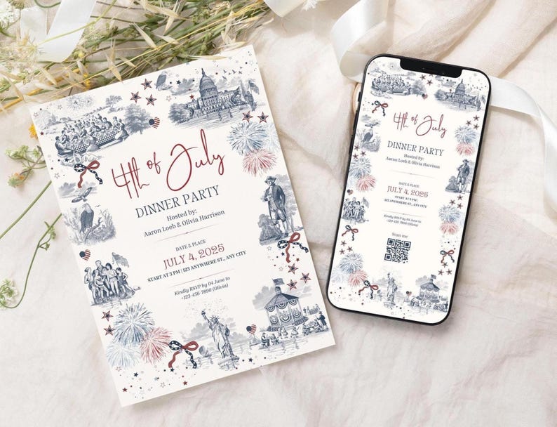 May include: An invitation and a smartphone display a "4th of July Dinner Party" design. The design features illustrations of historical figures, fireworks, and landmarks in blue and red on a cream background. The date and time are also displayed.