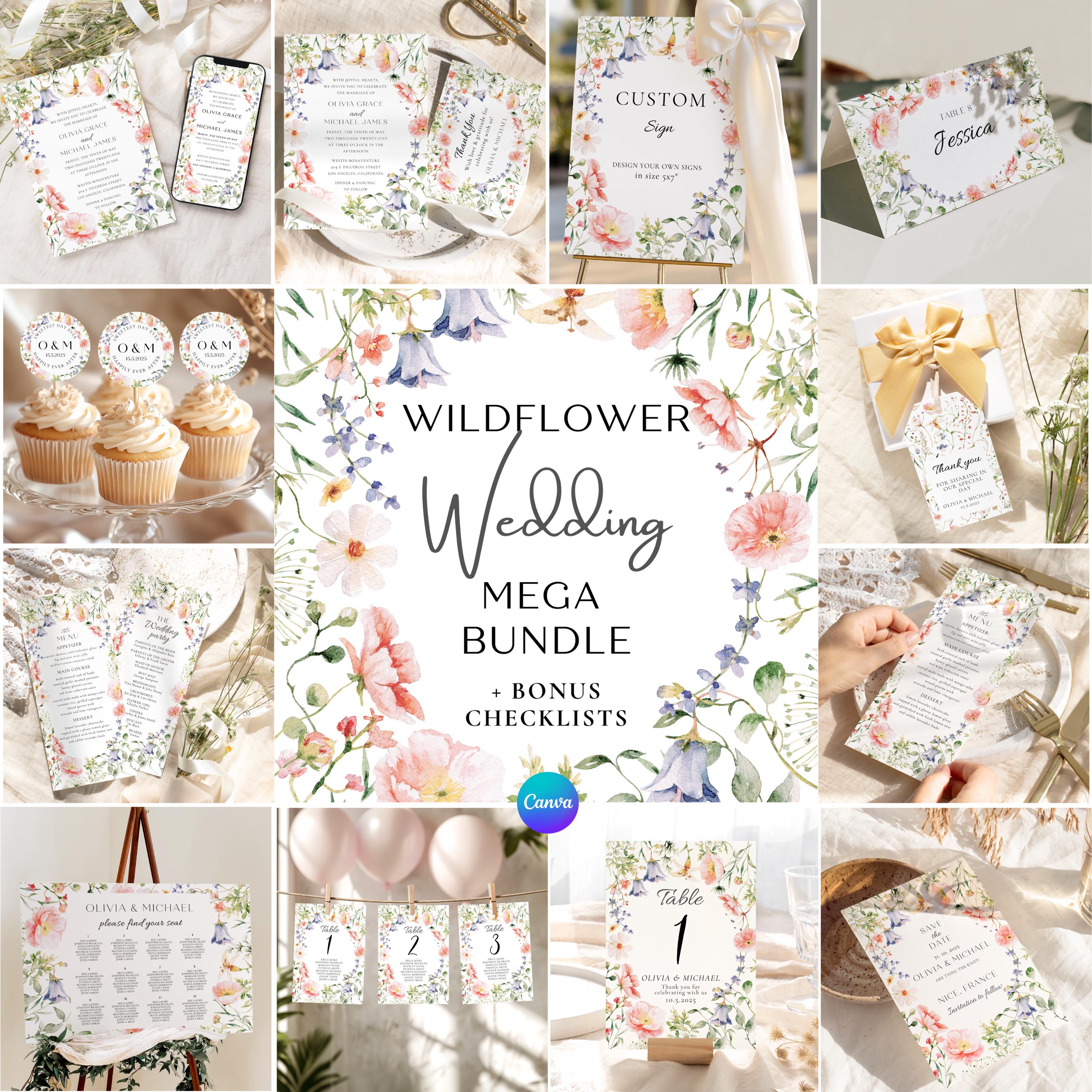 Wildflower Wedding Bundle Invitation Canva Template Program Editable Sign Seat Chart Seating Table Printable Boho Garden Party Bridal Decor
