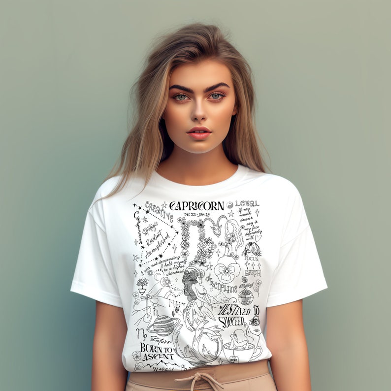 May include: White t-shirt with a black and white illustration of a Capricorn zodiac sign. The illustration includes the text "Capricorn", "Dec 22 - Jan 19", "Creative", "Loyal", "Vintage", "Loving", "Ambitious", "Disciplined", "Destined to Succeed", "Born to Ascent", and "Focus".
