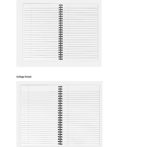 Peut inclure: Deux carnets &agrave; spirales ouverts pr&eacute;sent&eacute;s c&ocirc;te &agrave; c&ocirc;te. Le carnet du haut est &eacute;tiquet&eacute; Wide Ruled avec des lignes horizontales plus larges, et le carnet du bas est &eacute;tiquet&eacute; College Ruled avec des lignes horizontales plus serr&eacute;es sur les pages.